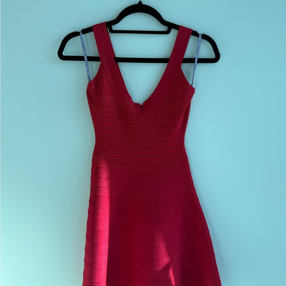 Herve Leger Red Bandage V-Neck Mini Dress